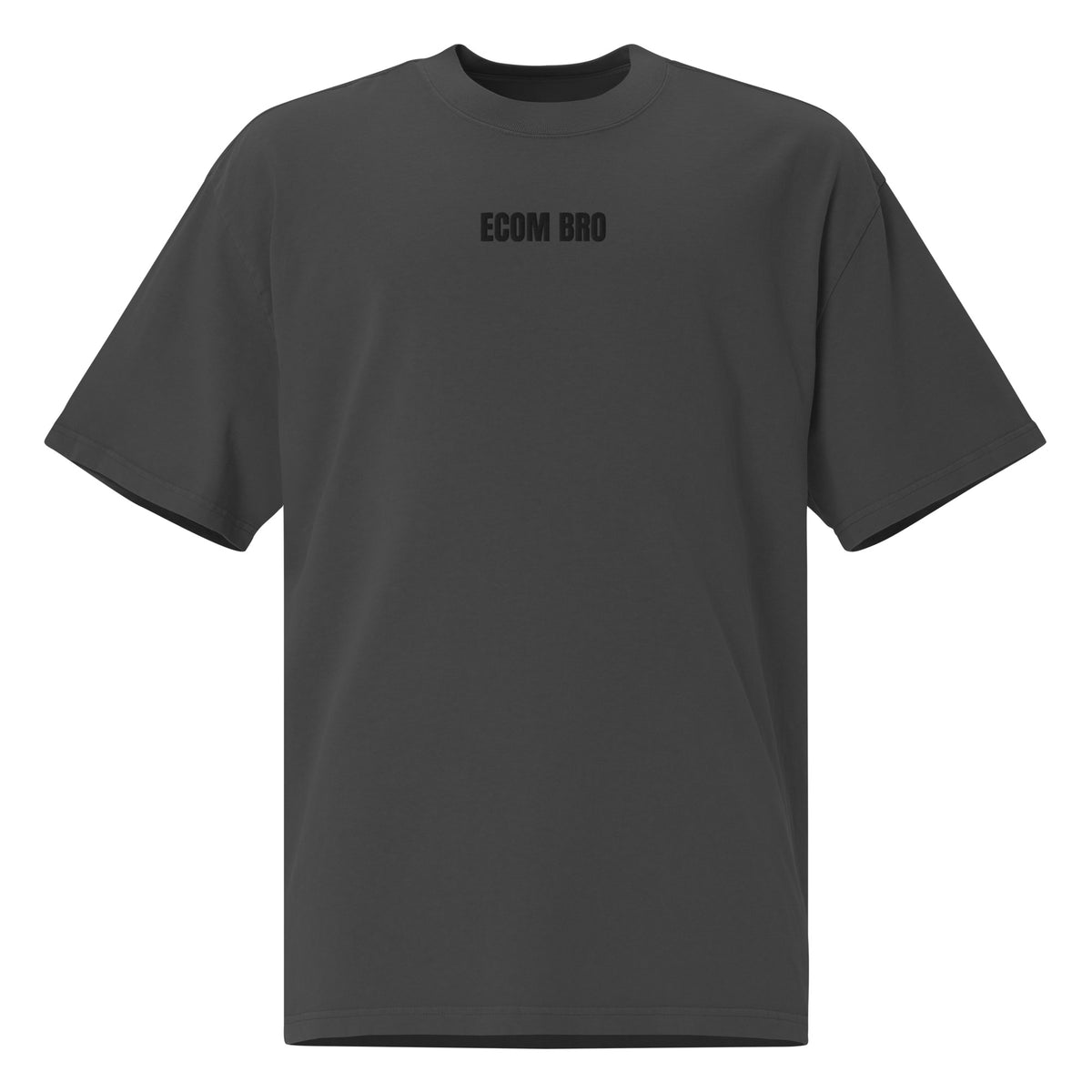 Front mockup of the washed-black ECOM BRO tee with a small black chest wordmark.