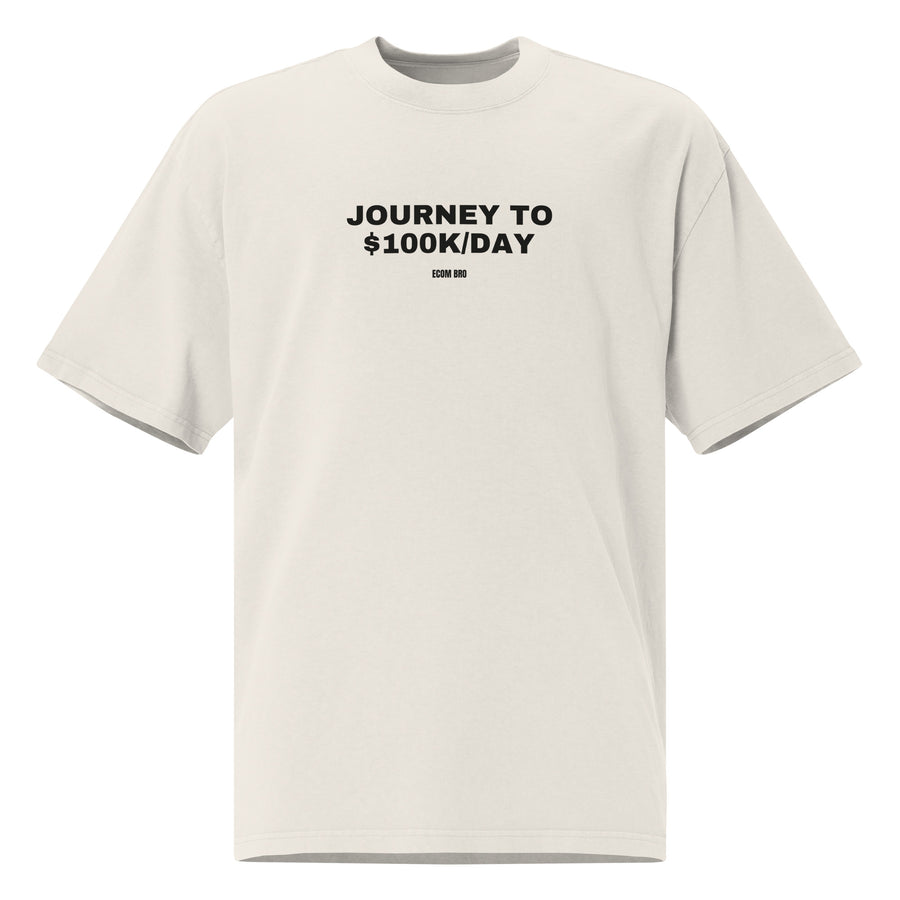 Supplier mockup of the Faded Bone Journey to $100K/Day heavyweight tee, front view, showing the oversized silhouette.