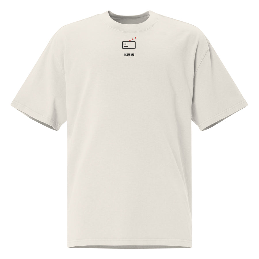 Supplier mockup, front of Faded Bone cotton tee with a small black-and-red DTG card-and-points graphic and black ECOM BRO signature.