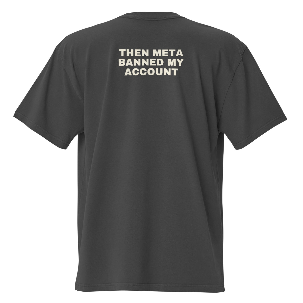 Supplier mockup of the Faded Black I Was a Millionaire heavyweight tee, back view, showing the oversized silhouette.