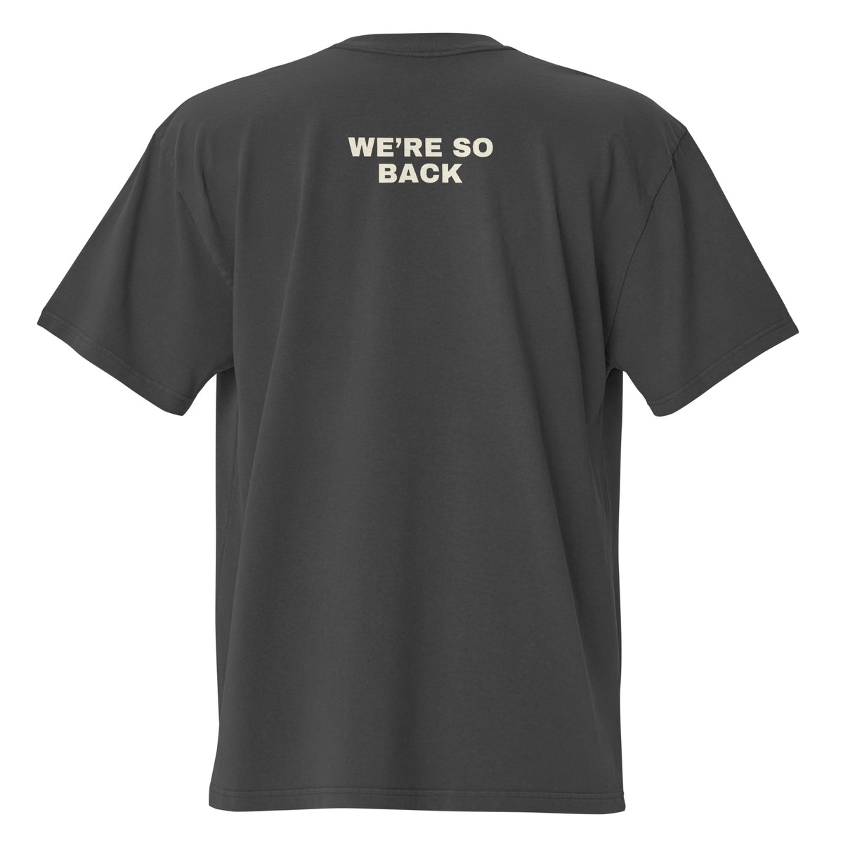 Supplier mockup of the Faded Black It’s So Over / We’re So Back heavyweight tee, back view, showing the oversized silhouette.