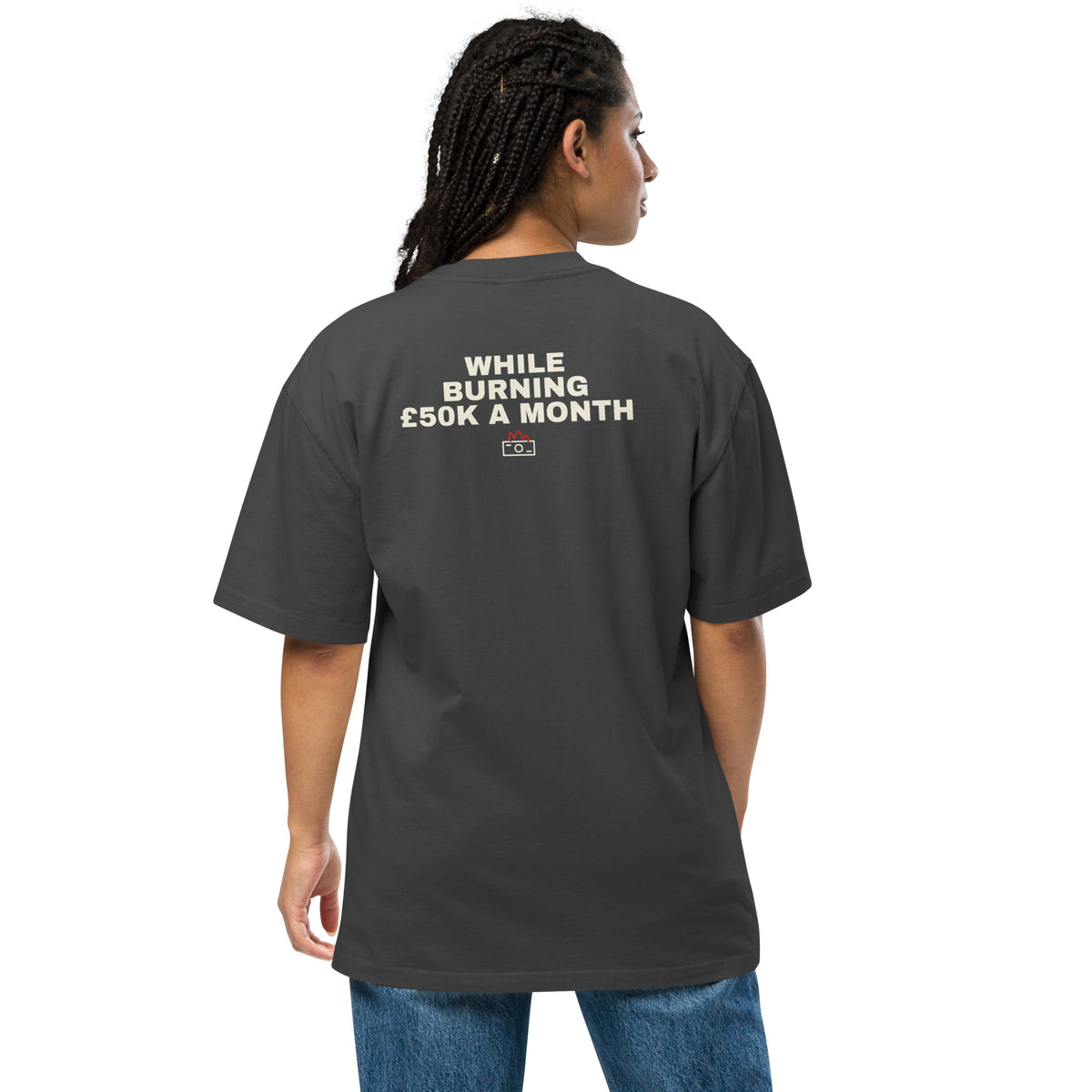 Supplier on-body back mockup: WHILE BURNING £50K A MONTH printed across the upper back of the Scaling Aggressively Faded Black tee