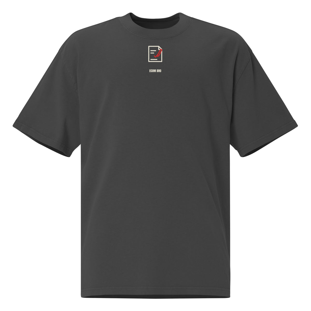 Supplier mockup, front of Faded Black cotton tee with a cream-and-red DTG marked-homework icon and ECOM BRO signature.