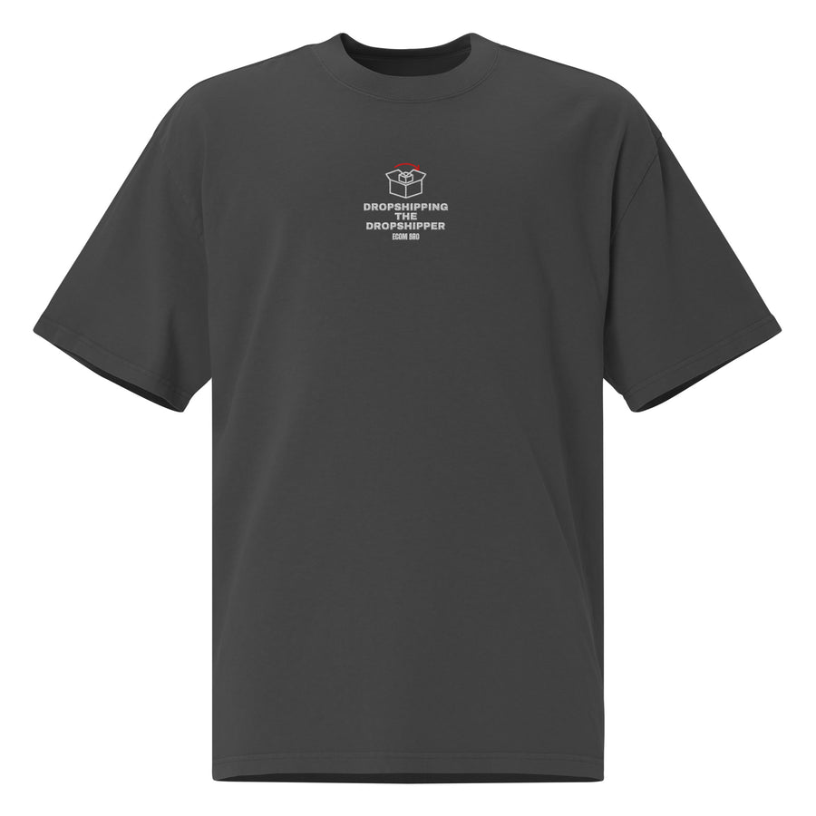 
Supplier mockup, front of Faded Black cotton tee with white-and-red parcel embroidery, DROPSHIPPING THE DROPSHIPPER text and ECOM BRO signature.

