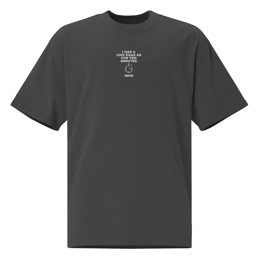 
Supplier mockup, front of Faded Black cotton tee with embroidered I HAD A 1000 ROAS AD FOR TEN MINUTES text, a stopwatch graphic and ECOM BRO signature.
