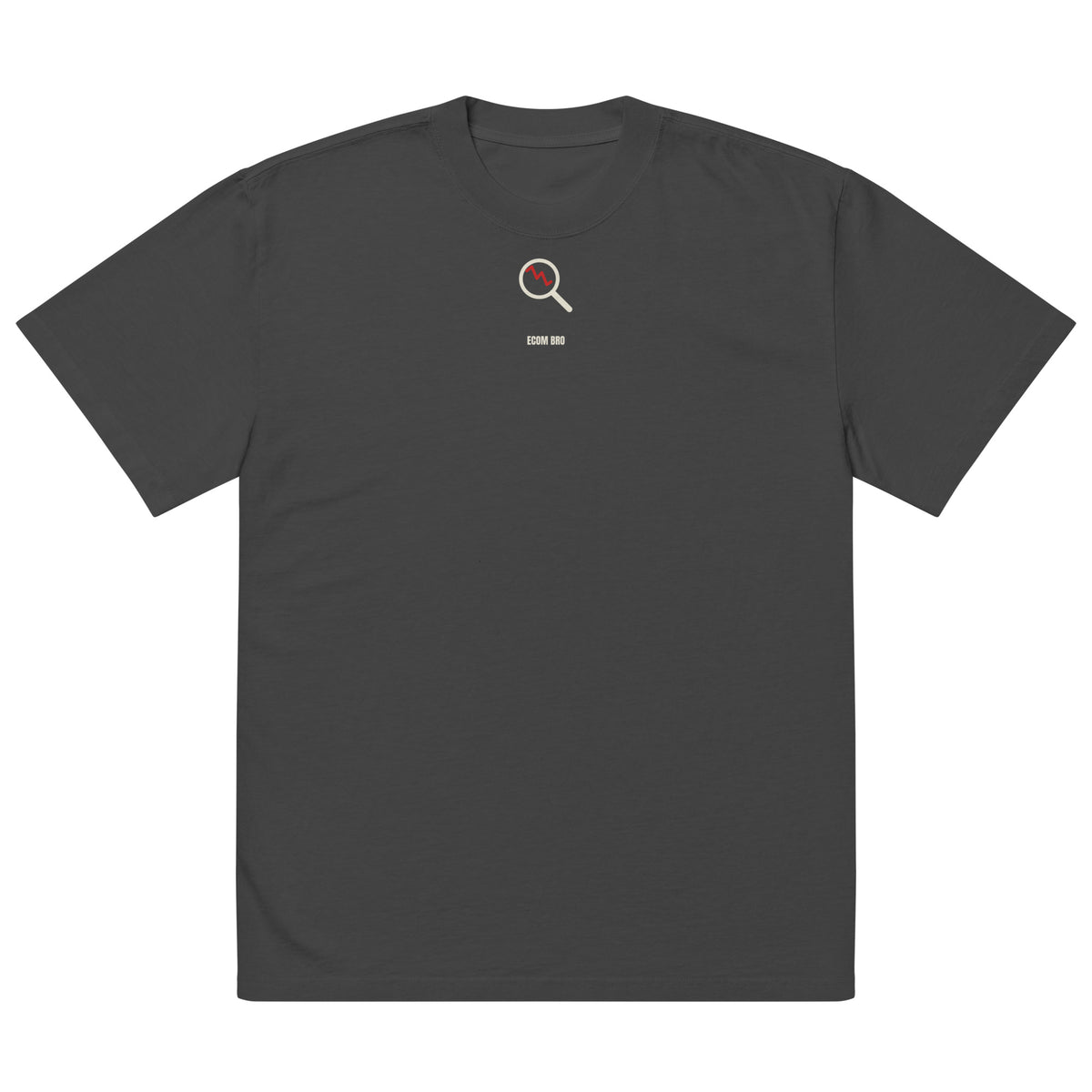 Supplier mockup, front of Faded Black cotton tee with a small cream-and-red DTG magnifying-glass design and ECOM BRO signature.