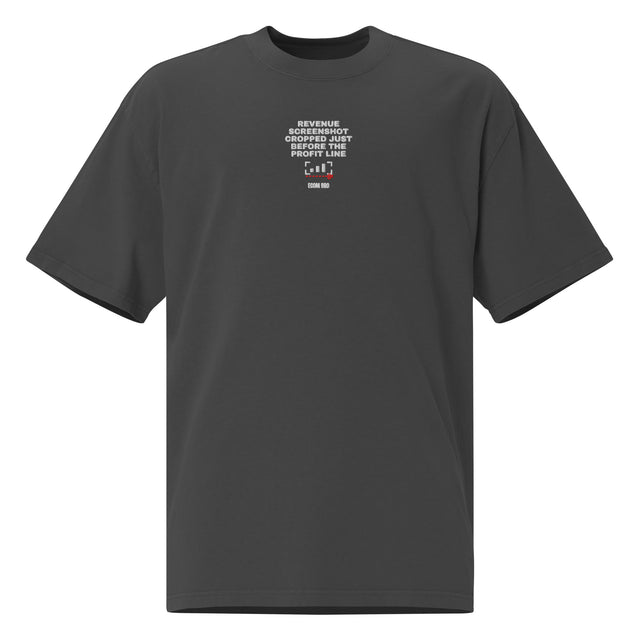 Supplier mockup, front of a Faded Black tee with white REVENUE SCREENSHOT CROPPED JUST BEFORE THE PROFIT LINE lettering, a small chart motif with red detail, and ECOM BRO signature.