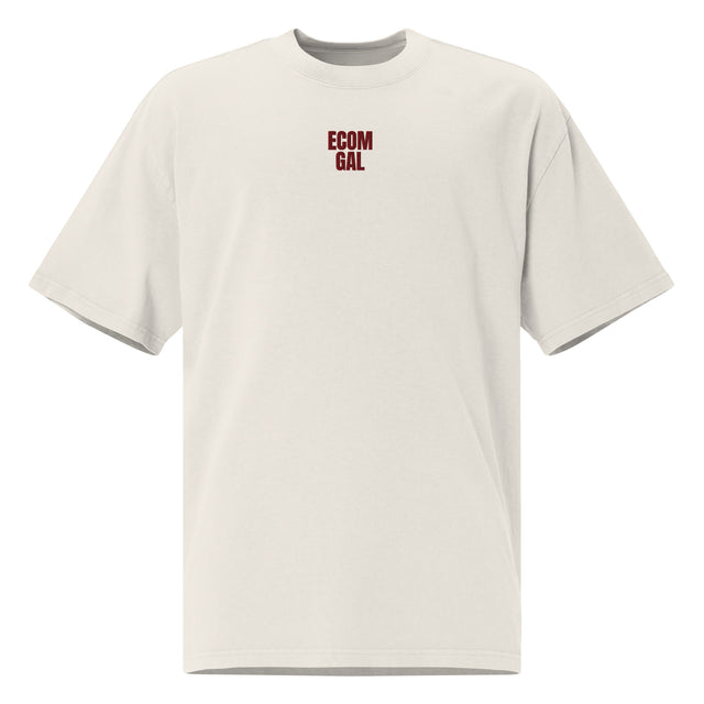 Front mockup of the off-white ECOM GAL tee with a small stacked red chest wordmark.