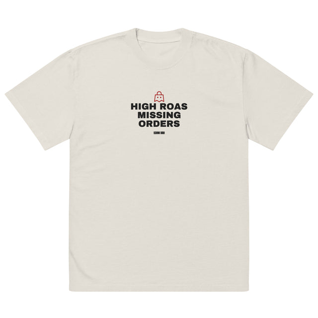 Front supplier mockup of a Faded Bone oversized tee with black HIGH ROAS / MISSING ORDERS lettering, a red ghost shopping-bag icon, and a small ECOM BRO signature.