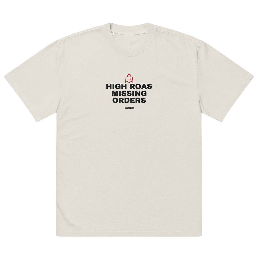 
Front supplier mockup of a Faded Bone oversized tee with black HIGH ROAS / MISSING ORDERS lettering, a red ghost shopping-bag icon, and a small ECOM BRO signature.

