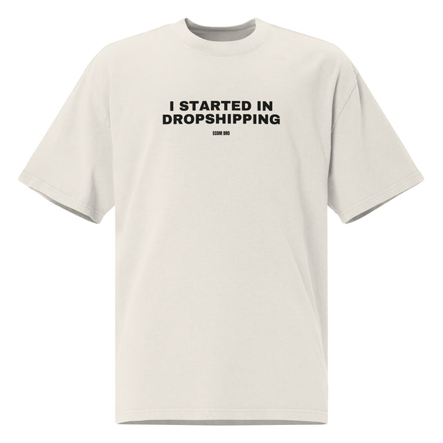 Supplier mockup of the Faded Bone I Started in Dropshipping heavyweight tee, front view, showing the oversized silhouette.