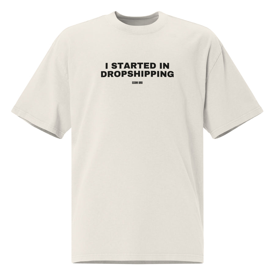 
Supplier mockup of the Faded Bone I Started in Dropshipping heavyweight tee, front view, showing the oversized silhouette.
