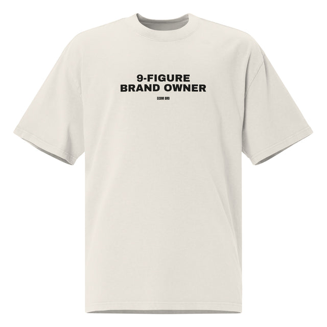 Supplier mockup, front view of the Faded Bone 9-Figure Brand Owner heavyweight tee with black printed slogan and small ECOM BRO signature.