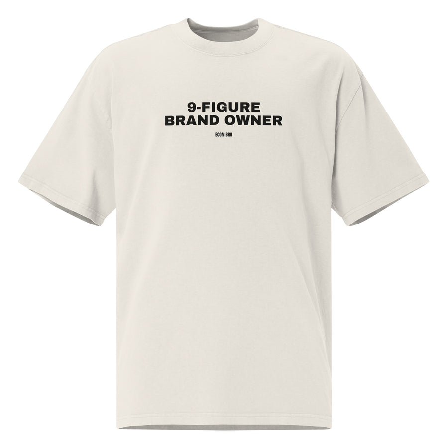
Supplier mockup, front view of the Faded Bone 9-Figure Brand Owner heavyweight tee with black printed slogan and small ECOM BRO signature.
