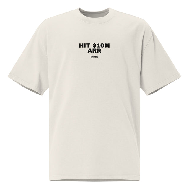 Supplier mockup of the Faded Bone Hit $10M ARR heavyweight tee, front view, showing the oversized silhouette.