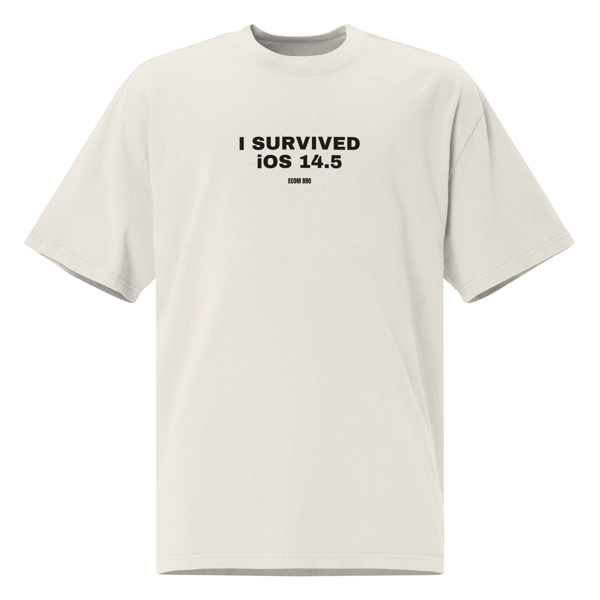 Supplier mockup of the Faded Bone I Survived iOS 14.5 heavyweight tee, front view, showing the oversized silhouette.