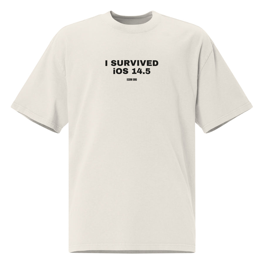 
Supplier mockup of the Faded Bone I Survived iOS 14.5 heavyweight tee, front view, showing the oversized silhouette.
