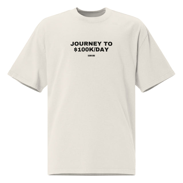 Supplier mockup of the Faded Bone Journey to $100K/Day heavyweight tee, front view, showing the oversized silhouette.