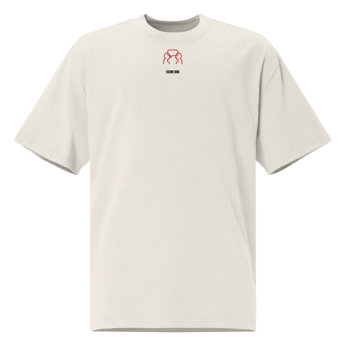 Supplier mockup, front of Faded Bone cotton tee with a small red DTG conversation graphic and black ECOM BRO signature.