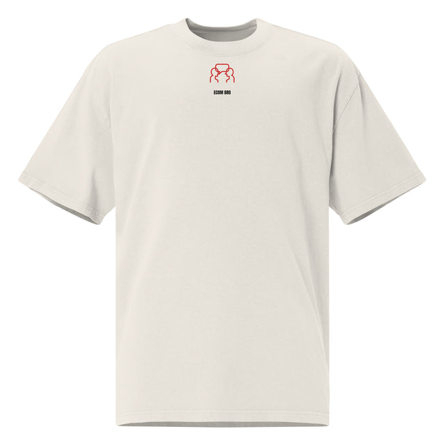 Supplier mockup, front of Faded Bone cotton tee with a small red DTG conversation graphic and black ECOM BRO signature.