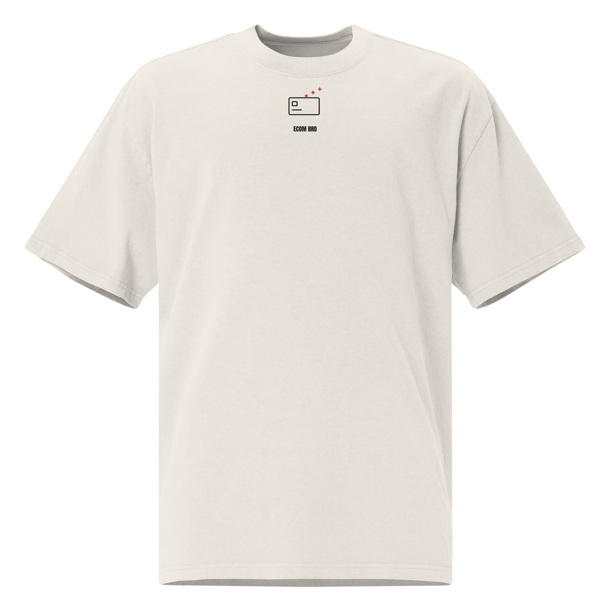 Supplier mockup, front of Faded Bone cotton tee with a small black-and-red DTG card-and-points graphic and black ECOM BRO signature.