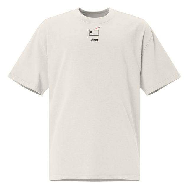 Supplier mockup, front of Faded Bone cotton tee with a small black-and-red DTG card-and-points graphic and black ECOM BRO signature.