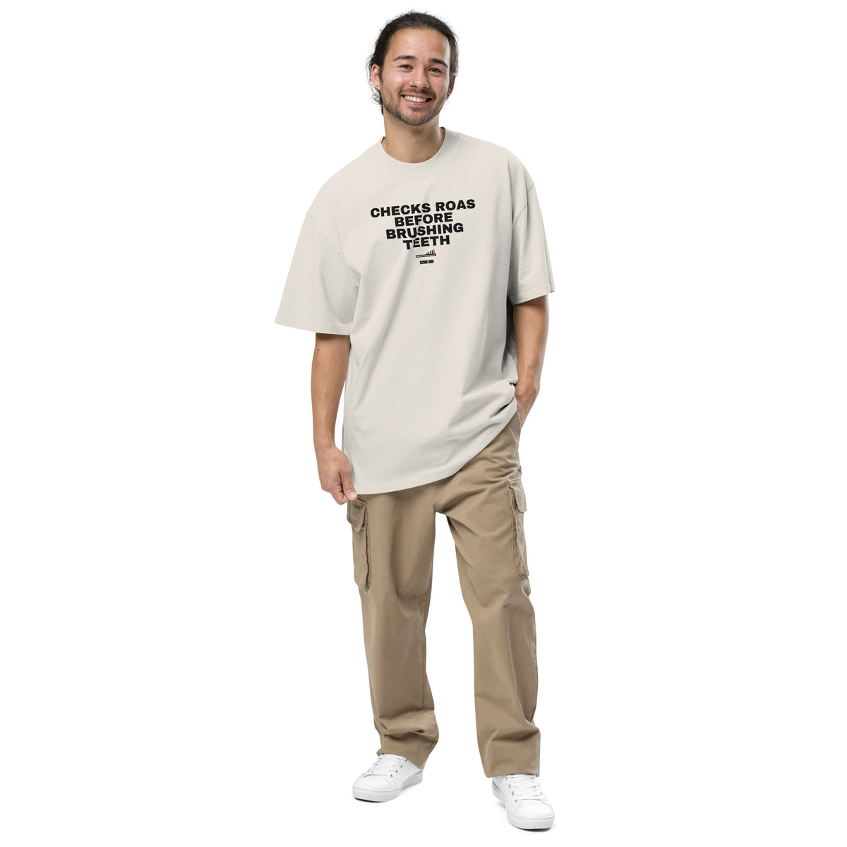 Supplier on-body mockup of a man wearing the Faded Bone tee with CHECKS ROAS BEFORE BRUSHING TEETH lettering, toothbrush chart and ECOM BRO signature.