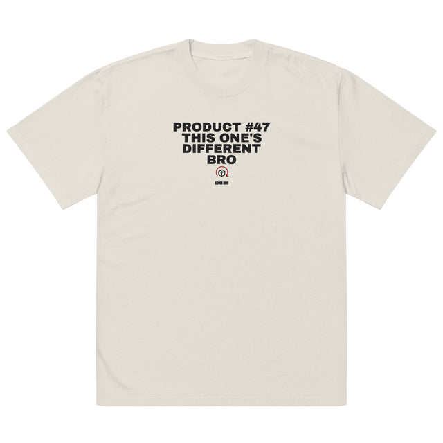 Supplier mockup: front of the Faded Bone Product #47 embroidered tee, with Product #47 This One’s Different Bro lettering above a parcel-and-arrow icon and ECOM BRO signature.