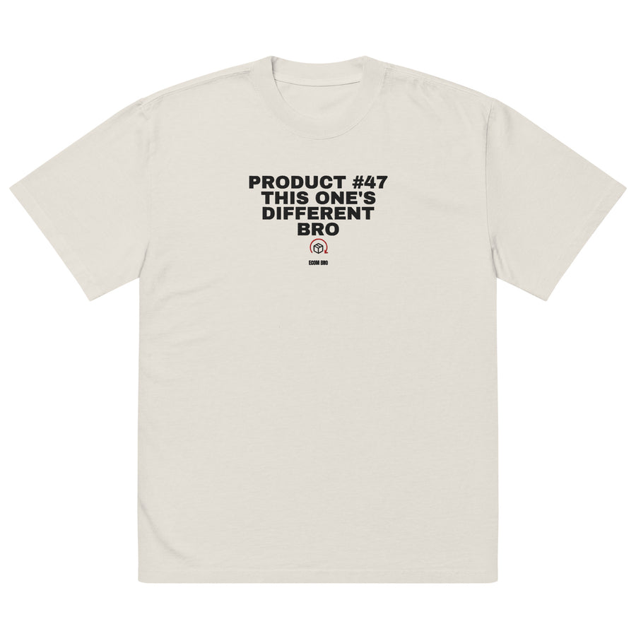 
Supplier mockup: front of the Faded Bone Product #47 embroidered tee, with Product #47 This One’s Different Bro lettering above a parcel-and-arrow icon and ECOM BRO signature.
