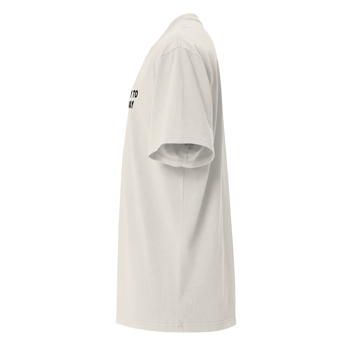 Supplier mockup of the Faded Bone Journey to $100K/Day heavyweight tee, left side view, showing the oversized silhouette.