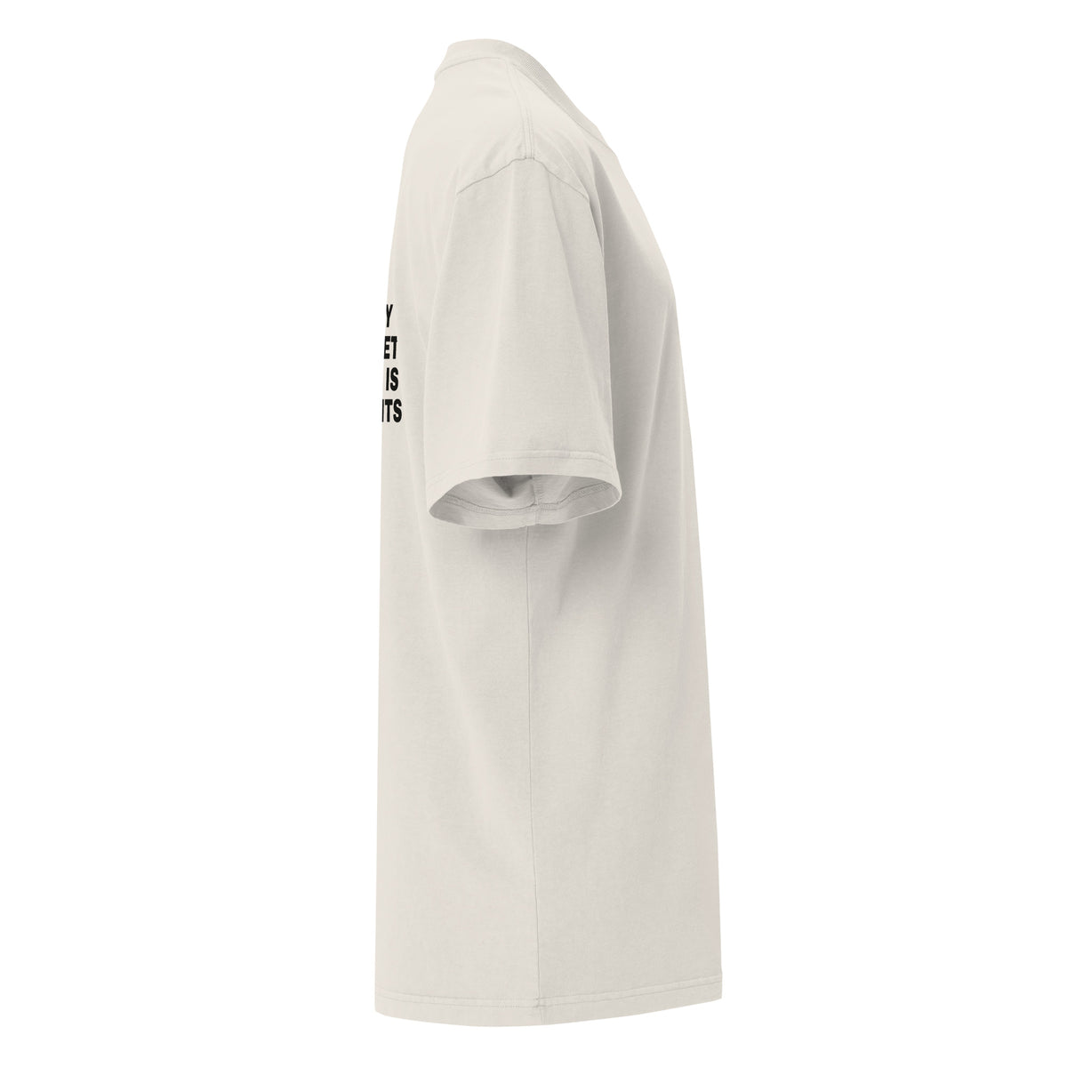 Supplier mockup, right-side view of the Faded Bone Amex Points cotton tee, showing its oversized fit and a partial edge of the back print.